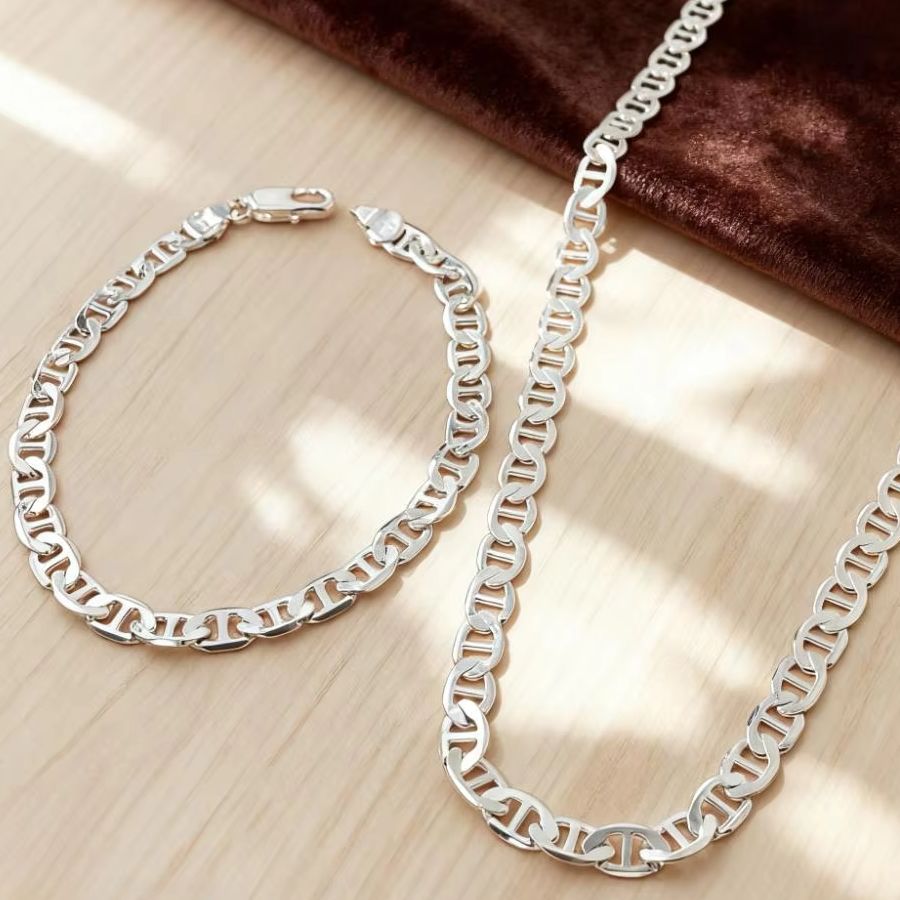 طقم قلادة وسوار جديد من الفضة  - مراجعة Men Accessories Chain And Bracelet وسعره